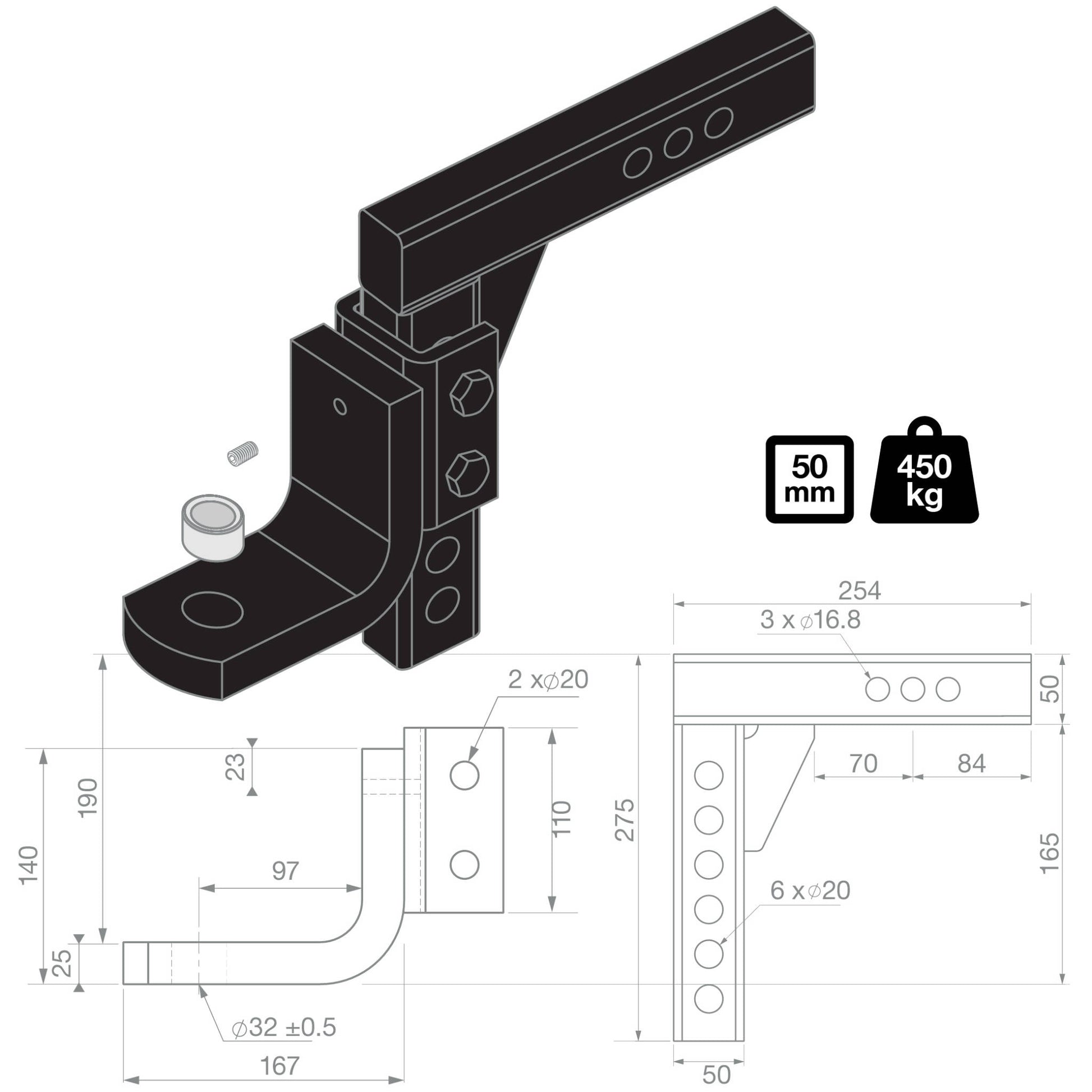Toyota Land Cruiser TAG Adjustable Heavy Duty Tow Ball Mount - 90° Face, 50mm Square Hitch